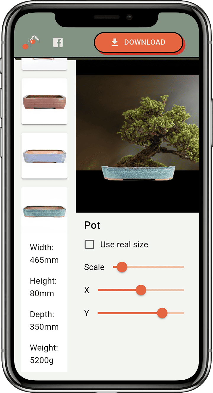 app screenshot selecting pot for bonsai tree