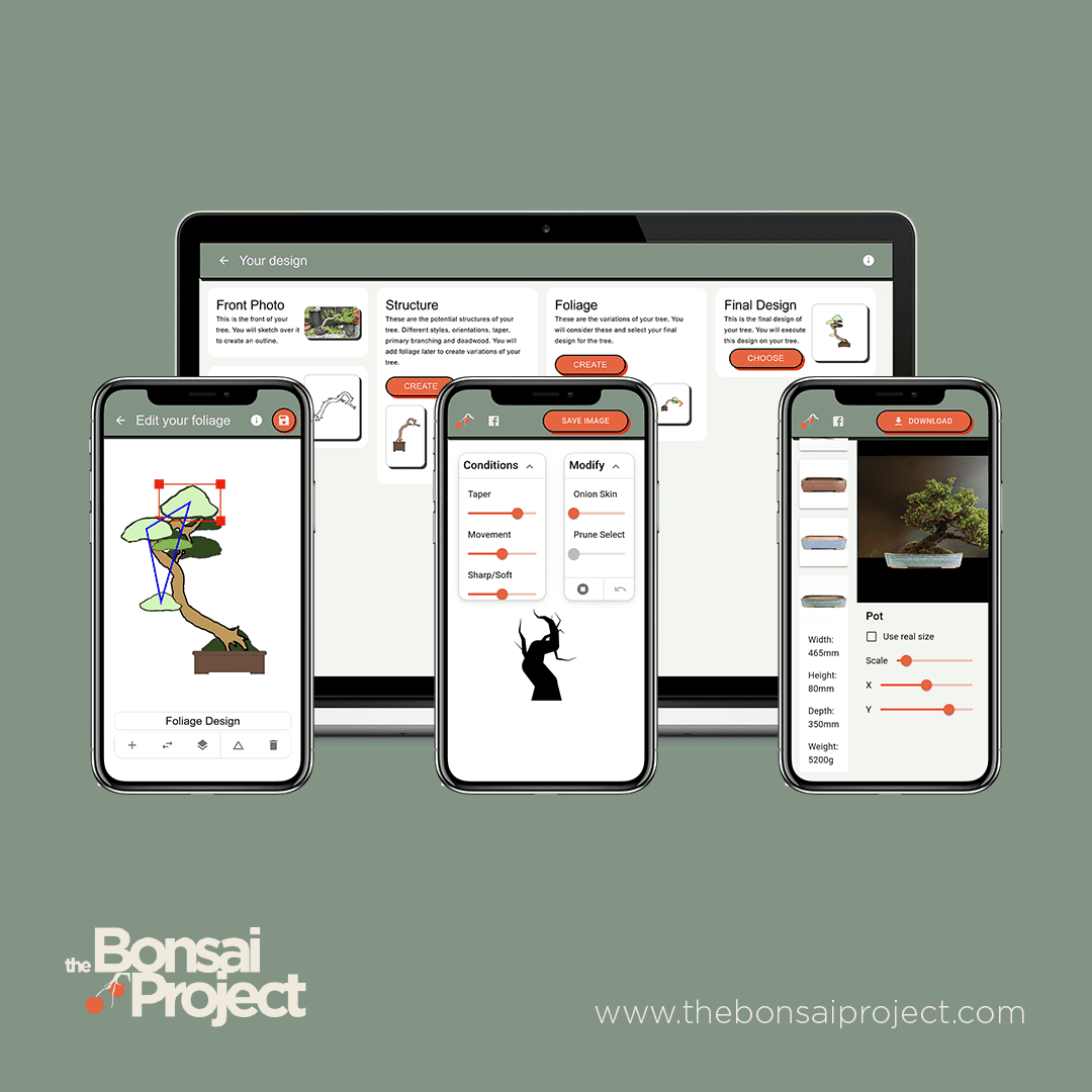 thebonsaiproject bonsai designer app, bonsai composer app and try pots online app available on a laptop and mobile phone.